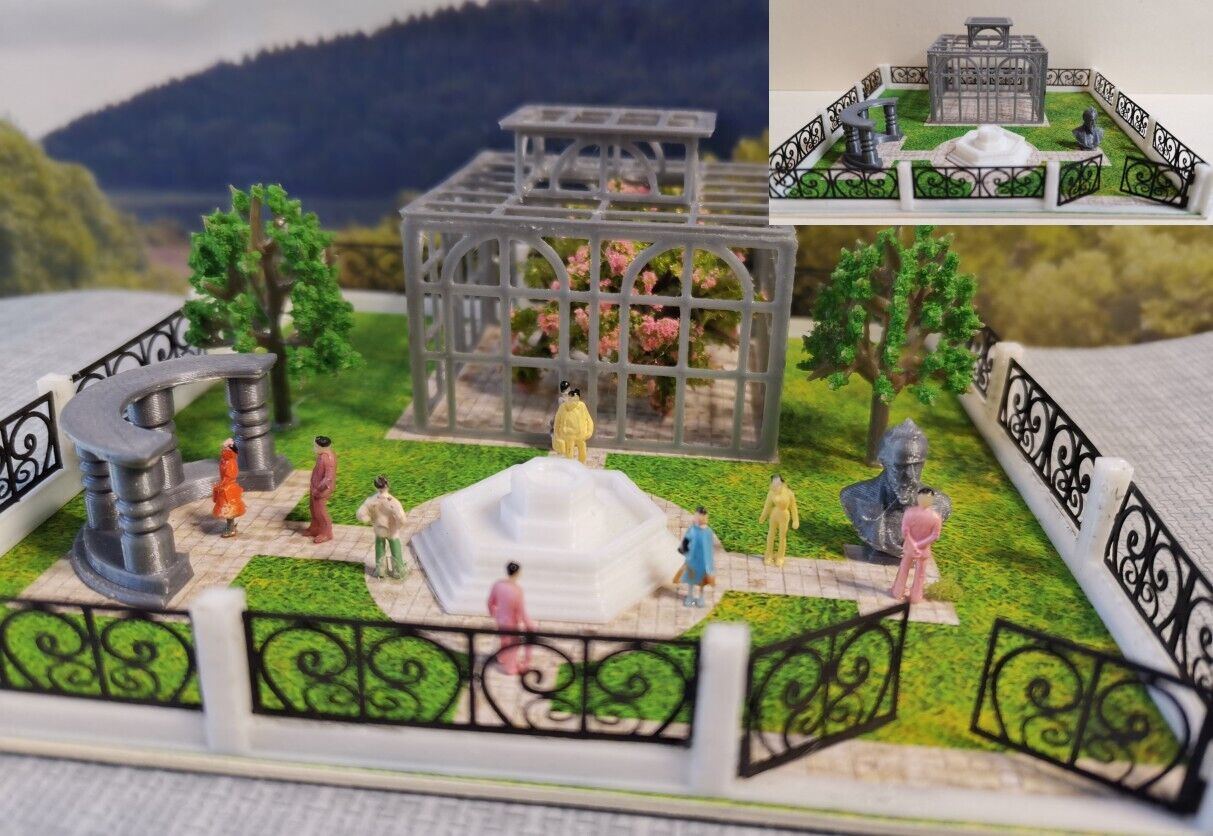 Park mit Orangerie Springbrunnen Statue Baluster Spur N | Bausatz | 1:60 grau